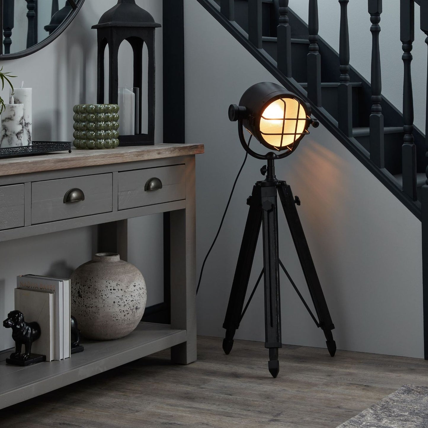 Black Industrial Spotlight Tripod Lamp