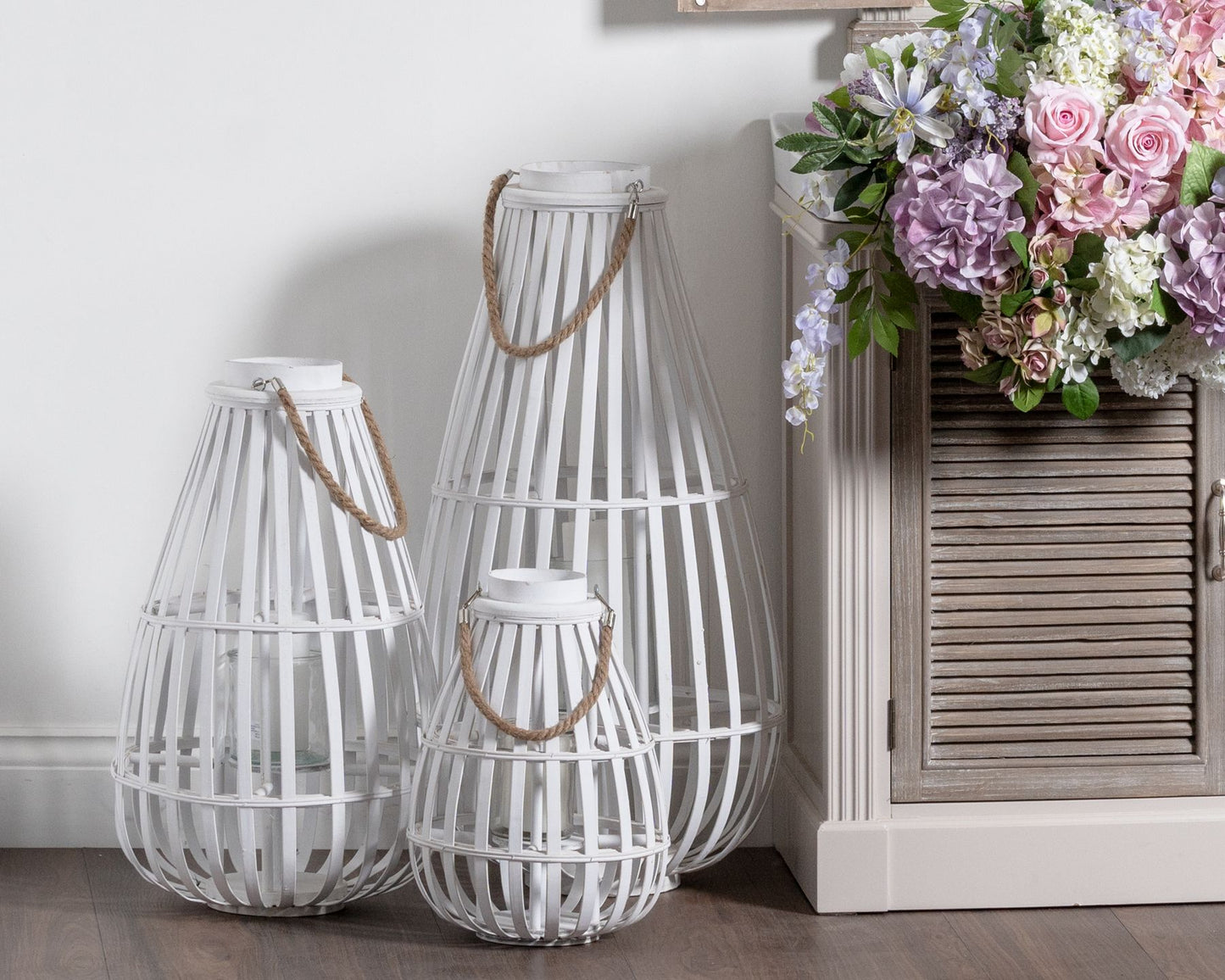 Large White Floor Standing  Domed Wicker Lantern With Rope